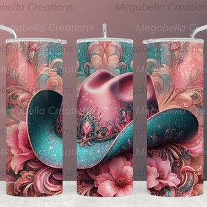 Cowgirl Tumbler Wrap, 20 Oz Tumbler Png, Pink and Teal Cowgirl Hat with Glitter Digital Download, Sublimation , Coquette, Western Country