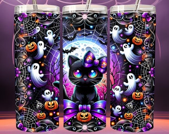 Adorabile bicchiere per bicchiere di Halloween con gatto nero - Design spettrale con fantasmi e zucche per le celebrazioni autunnali