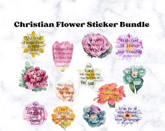 May include: A collection of Christian flower stickers with inspirational quotes. The stickers feature watercolor floral designs in various colors, including pink, yellow, and purple, with phrases like "Saved by Grace" and "Be Still."