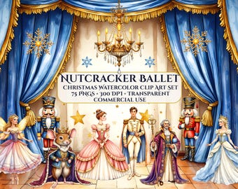 Nutcracker Ballet Watercolor Clip Art Bundle, Ballerina Clipart, Christmas Nutcracker Holiday Designs, Artwork for Cards