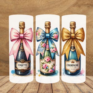 Watercolor Champagne Bottles with Coquette Bows Social Club Preppy Design Sublimation Grandmillennial PNG 20oz Skinny Tumbler Sublimation