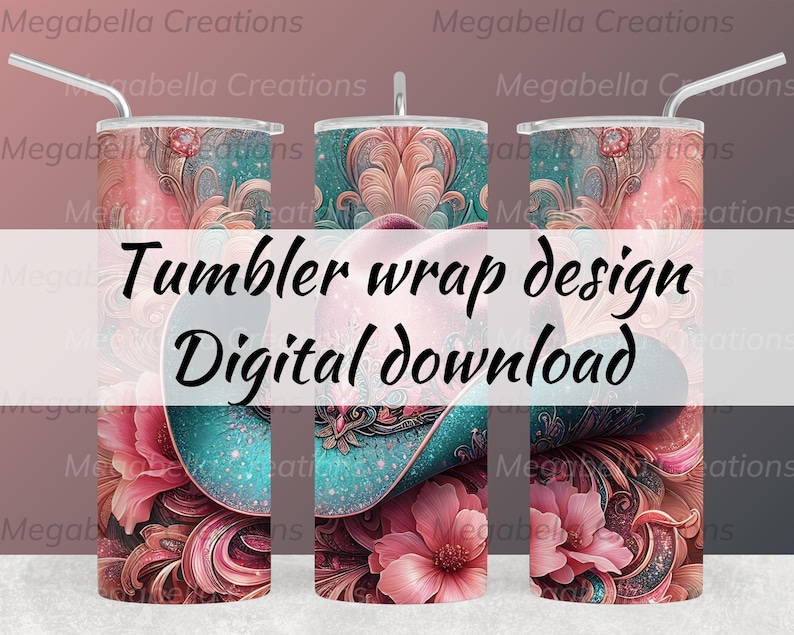 Cowgirl Tumbler Wrap, 20 Oz Tumbler Png, Pink and Teal Cowgirl Hat with Glitter Digital Download, Sublimation , Coquette, Western Country