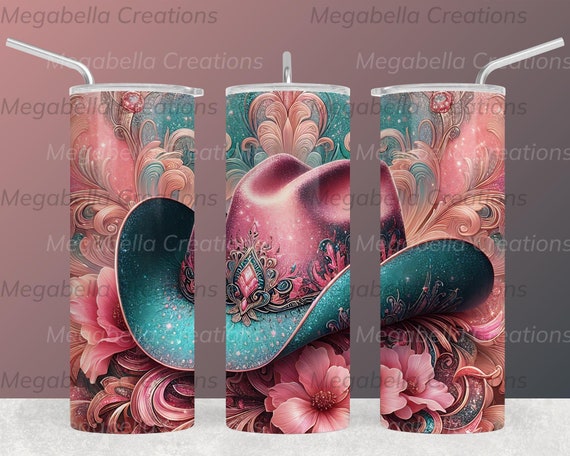 Cowgirl Tumbler Wrap, 20 Oz Tumbler Png, Pink and Teal Cowgirl Hat with Glitter Digital Download, Sublimation , Coquette, Western Country