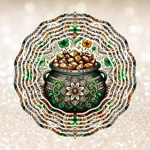 May include: A layered circular design with a green pot of gold, shamrocks, and floral patterns. The pot is filled with gold cubes and is surrounded by a detailed pattern with green and gold accents. The design is reminiscent of St. Patrick's Day.