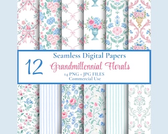 Paquete de papel digital floral Grandmillennial / 12 patrones sin costuras / Lazos de damasco con rayas de rosas vintage / Fondos pastel shabby chic