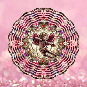 May include: A detailed illustration of Cupid with a bow and arrow, set within a decorative, circular design. The artwork features a color palette of pinks, reds, and browns, with a bokeh background of hearts.