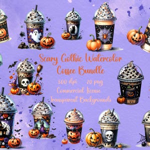 Spooky Season Halloween Coffee Clipart Set, Scary Gothic Watercolor Hot Coffee Drink Clip Art Bundle, PNG Pumpkin Designs Instant Download