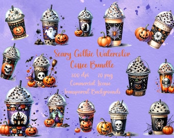 Conjunto de imágenes prediseñadas de café de Halloween de temporada espeluznante, paquete de imágenes prediseñadas de bebida de café caliente de acuarela gótica aterradora, diseños de calabaza PNG descarga instantánea