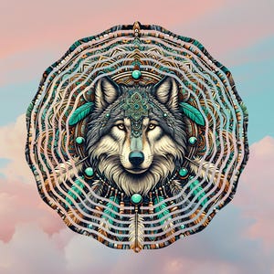 Wolf Dreamcatcher Mandala Wind Spinner PNG | Tribal Spiritual Outdoor Decor | 6 & 10 Inch Sublimation Design | Digital Download Windspinner