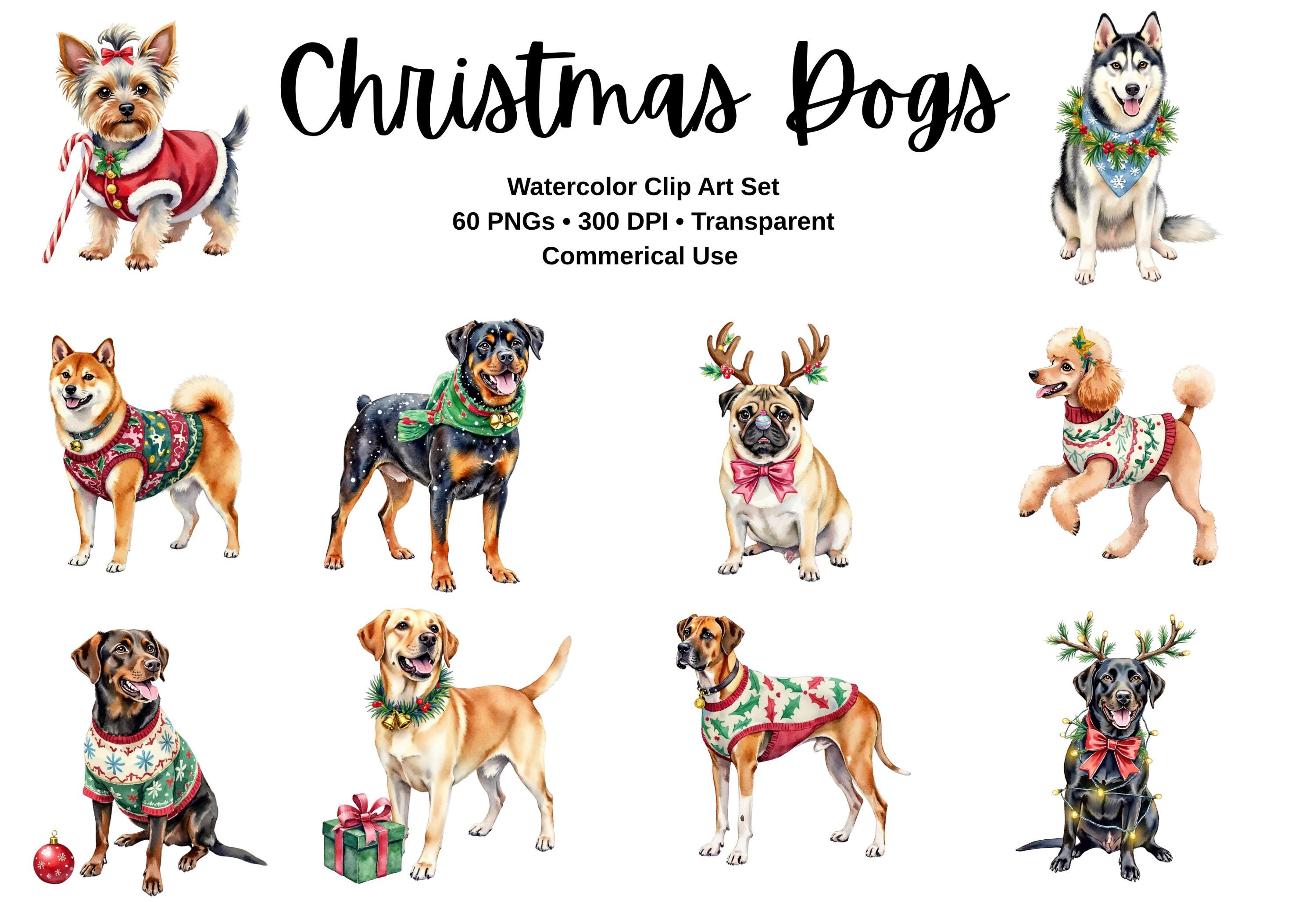 Christmas Dogs Clipart PNG Bundle – 60 Holiday Dog Graphics for ...