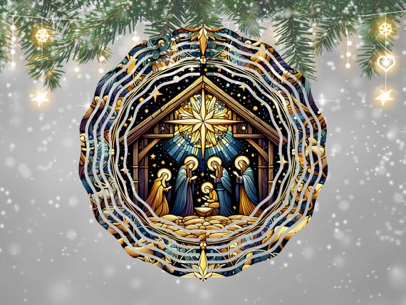 Stained Glass Nativity Mandala Wind Spinner PNG Angels Manger Sublimation Design, 6 inch Design PNG, Sublimation Spinner Template, 10 inch