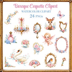 May include: Watercolor clipart set titled "Baroque Coquette Clipart" featuring 24 PNGs. The image showcases various illustrations including a swan, deer, angel, chandelier, mirror, and floral arrangements in pastel colors, framed in gold.