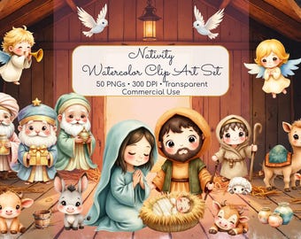 Cute Watercolor Nativity Clipart Bundle – Christmas, Nativity Scene PNG, Baby Jesus, Bible Story, Religious Christian Art
