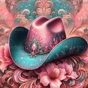 Cowgirl Tumbler Wrap, 20 Oz Tumbler Png, Pink and Teal Cowgirl Hat with Glitter Digital Download, Sublimation , Coquette, Western Country