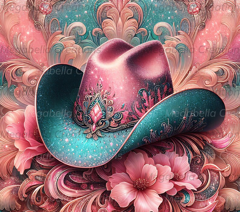 Cowgirl Tumbler Wrap, 20 Oz Tumbler Png, Pink and Teal Cowgirl Hat with Glitter Digital Download, Sublimation , Coquette, Western Country