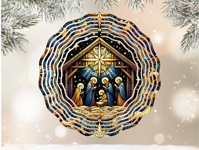 May include: A layered, circular Christmas ornament featuring a Nativity scene. The artwork depicts the Holy Family and the Three Wise Men in a stable, with a star overhead. The color palette includes blues, golds, and browns.
