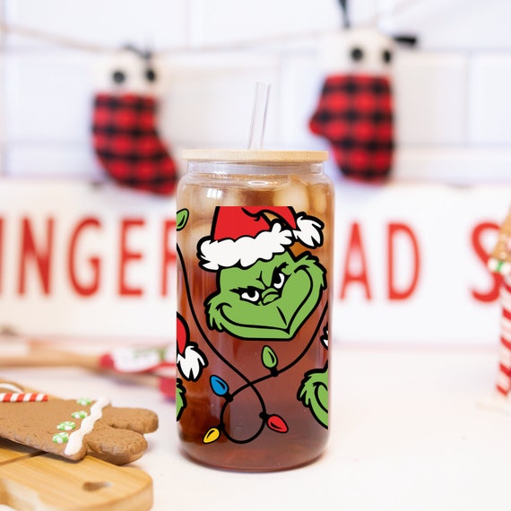 Grinch Christmas Light Can Glass Grinchmas Cup 16 Oz Cup With Bamboo Lid  and Glass Straw 