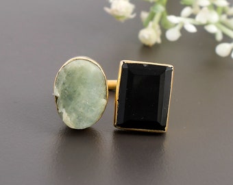 Black Onyx Ring, Two Stone Ring, Raw Aquamarine Ring, Party Wear Ring, Fashionable Ring, Faceted Gemstone Ring,18K Gold Plated, Adjustable