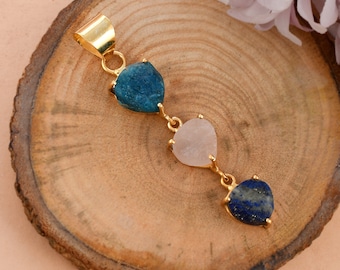 Raw Apatite Pendant, Unique Necklace, Rose Quartz Pendant, Three Stone Pendant, Lapis Lazuli Pendant, Organic Pendant, Necklace For Women's