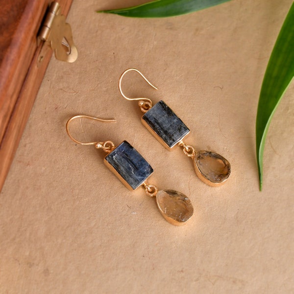 Blue Kyanite Earrings, Bezel Set Earrings, Raw Stone Earrings, Gold Vermeil Earrings, Simple Gold Earrings, Raw Citrine Earrings, Gift For