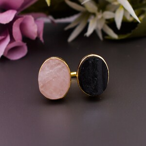 Black Tourmaline & Rose Quartz Ring: Handmade Bezel Set Jewelry