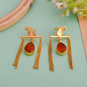 Carnelian Studs Earrings, Chain Dangler Earrings, Unique Earrings, Gemstone Earrings, Statement Earrings, Bridal Earrings, Birthday Gift