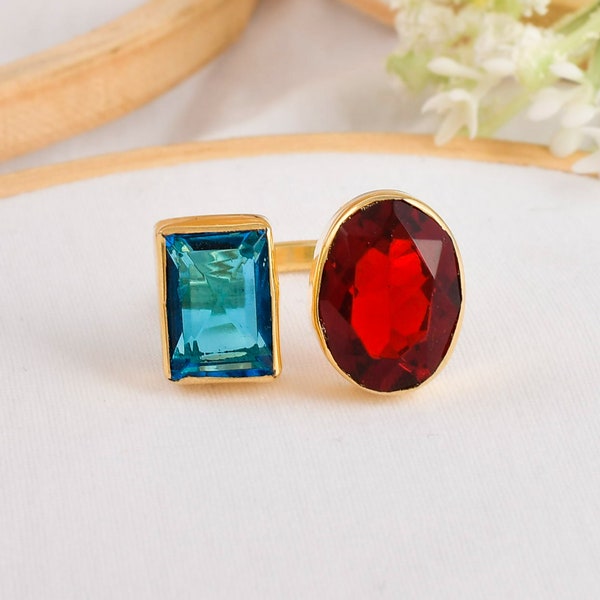 Blue Topaz Ring, November Birthstone Ring, Red Garnet Ring, Two Stone Ring, Anniversary Gift, Statement Ring, Gift For Mother, Unique  Gift