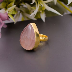 Natural Rose Quartz Ring, Tear Drop Ring, Bezel Set Ring, Women's Ring, Pink Quartz Ring, Handmade Brass Ring, Unique Gift, Designer Ring