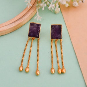 Natural Amethyst Earrings, Chain Dangler Earrings, Rough Stone Earrings, February Birthstone Earrings, Solid Brass Earrings, Unique Gift Her