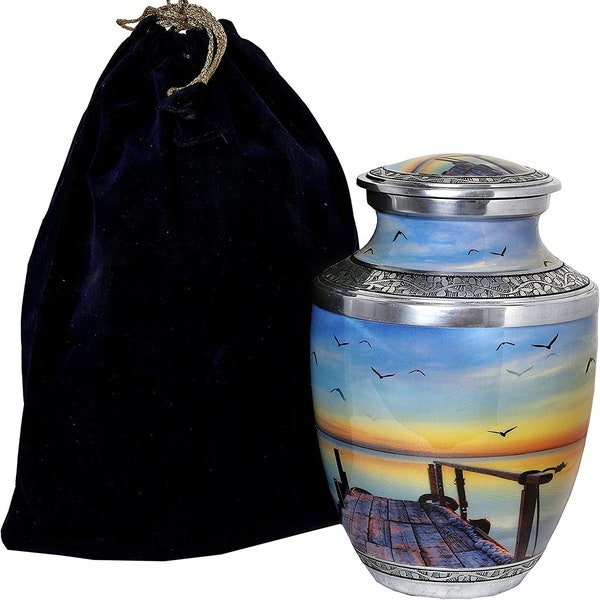 Dock of The Bay Sunset Beach Cremation Large Urn for Human Ashes - Adult Funeral Urn- Affordable Urn for Ashes (Adult (200 lbs) – 10.5 x 6 “