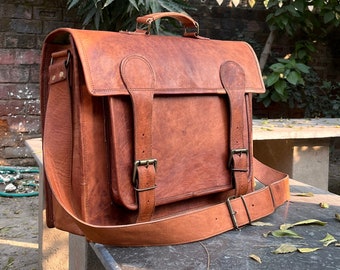 Personalised leather messenger bag college bag laptop bag shoulder bag for women gift for men office bag work briefcase Large Satchel bag.