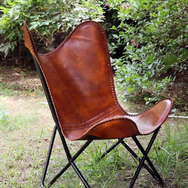 Chaises de salon en cuir-Chaise papillon Chaise papillon en cuir marron-Fait à la main avec cadre en fer pliant enduit de poudre