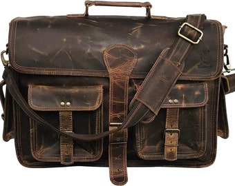 Personalised Leather Laptop Messenger Bag Vintage Briefcase Satchel for Men and Women (VINTAGE BROWN) 18 inch