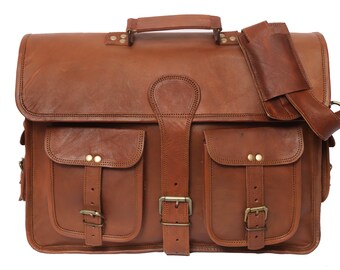 Personalised 18 Inch Vintage Handmade Leather Travel Messenger Office Crossbody Bag Laptop Briefcase Computer College Satchel Bag