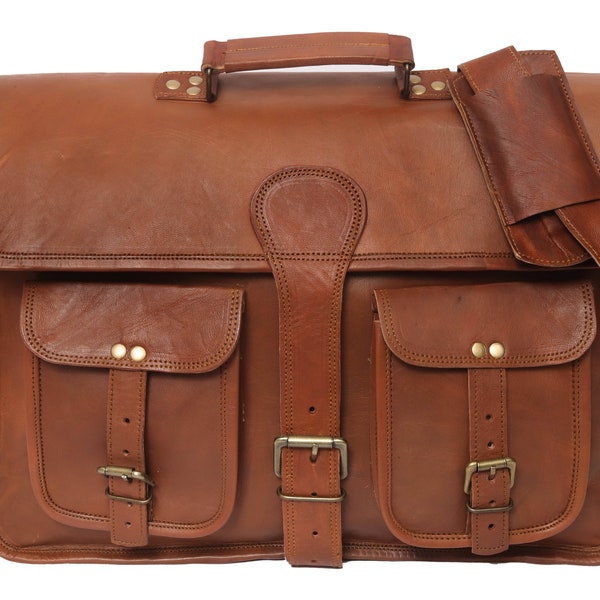 Personalised 18 Inch Vintage Handmade Leather Travel Messenger Office Crossbody Bag Laptop Briefcase Computer College Satchel Bag