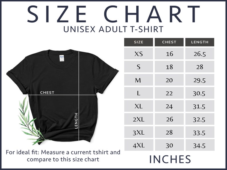 May include: Unisex adult t-shirt size chart with measurements in inches for chest and length. Sizes range from XS to 4XL.