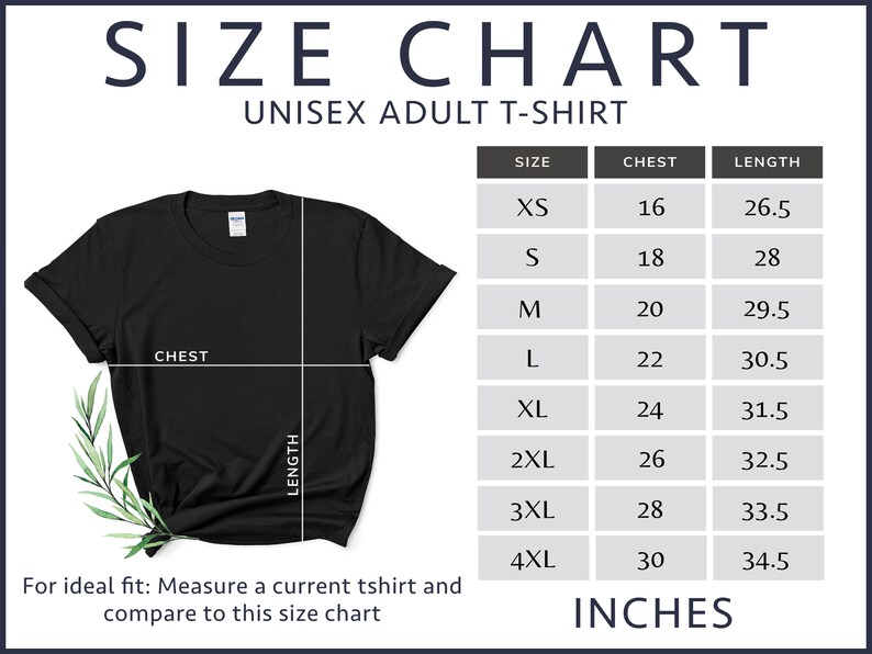 Pode incluir: Tabela de tamanhos para camiseta unissex para adultos com medidas em polegadas para o peito e o comprimento. Os tamanhos variam do XS ao 4XL.