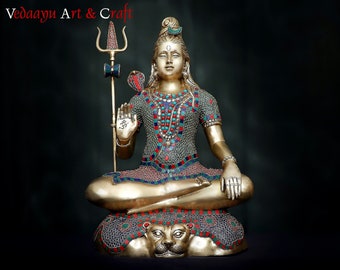 Estatua de Shiva de latón divino con trabajo de piedra incrustada Gran ídolo de Shiv Lord Mahadev Natraj / Dios indio Aadiyogi Murti Shankar Escultura Decoración Regalo