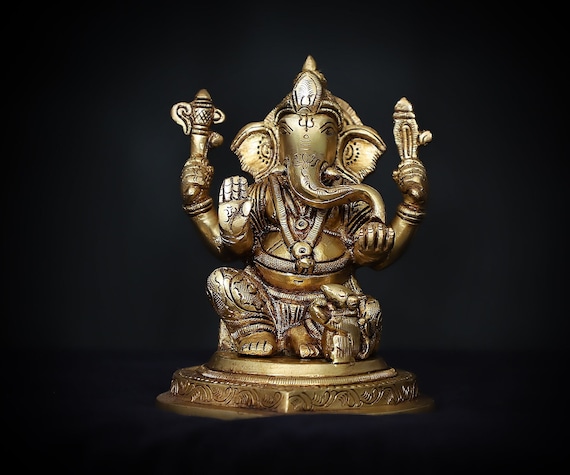 Handmade Brass Ganesha Idol, Antique Hindu God Ganesh Statue