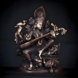 Brass Saraswati Statue with Veena, Sarasvati Hindu Goddess of Knowledge Handmade Art Spiritual Decor Indian Home Decor Gift for Study Space