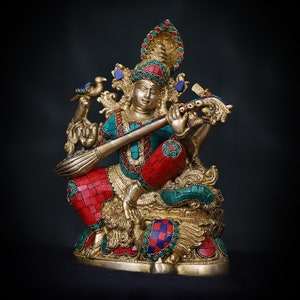 Saraswati Statue Brass with Veena Hindu God Idol Goddess Music Veena Sarasvati Idol knowledge Indian Art Figurine Outdoor Home Decor Gift