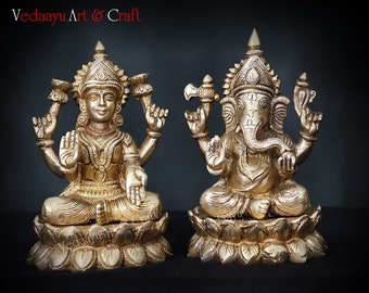 Brass Lakshmi Ganesha Statue – Handmade Antique Hindu Idol, Diwali Decor