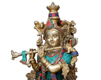 Brass Krishna Statue Handmade, Playing Flute Hindu God Idol for Home Temple, Indian Spiritual Decor, Housewarming Wedding Krishna Murti Gift