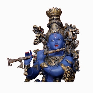 Brass Lord Krishna Statue Large Hare Krishna Idol Flute Playing Spiritual Love God of Radha Krishan Figurine Handmade Sculpture Home Decor