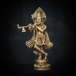 Krishna Statue Brass, 28CM Krishna Idol, Murlidhar figurine Hindu God Banke Vihari Sculpture Muli Gopal Gifts Decor Temple Home Office Pooja