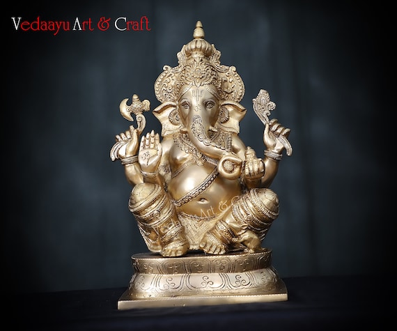 Large Ganesha Statue Brass, Ganesh Idol Lord Ganpati Figurine Vinayak Sculpture For Home Decor Housewarming Temple, Elephant Hindu God Gift