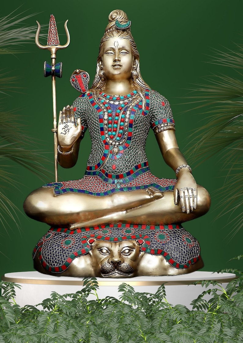 Large Shiva Statue Brass With Stonework, Brass Lord Shiva Idol Large