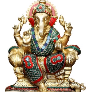 Handmade Brass Ganesh Statue, Lord Ganesha Idol Elephant Sculpture Hindu Religious Figurine Sacred Good Luck Spiritual Altar Home Decor Gift