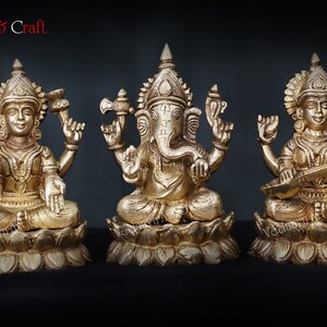 Ganesha Lakshmi Saraswati Statue, 15 CM Brass Ganesha Lakshmi Sarasvati idol, Ganesha Lakshmi Saraswati Alter Home Decor Temple Gifts, Pooja