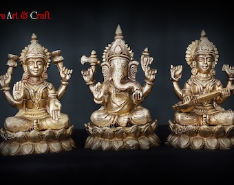 Brass Ganesha Lakshmi Saraswati Statue | Handmade Hindu Deity Brass Idol | Laxmi Ganesh Saraswati Murti for Diwali Puja Housewarming Gift
